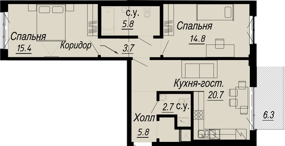 70,7 м², 2-комн. квартира, 3/8 этаж