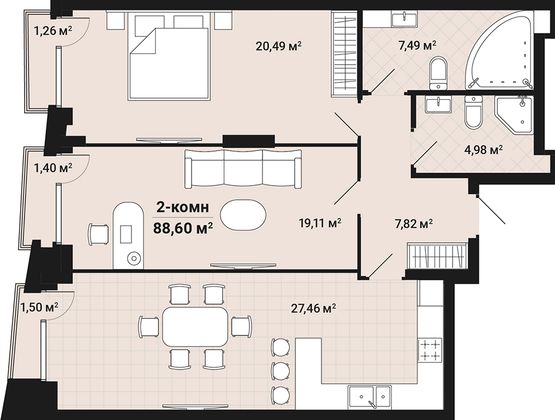 Продажа 2-комнатной квартиры 88,5 м², 1/6 этаж