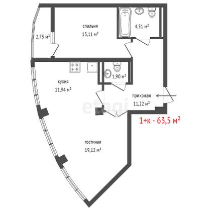 Продажа 1-комнатной квартиры 65 м², 22/27 этаж