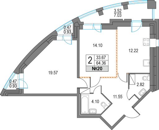 64,4 м², 2-комн. квартира, 5/25 этаж