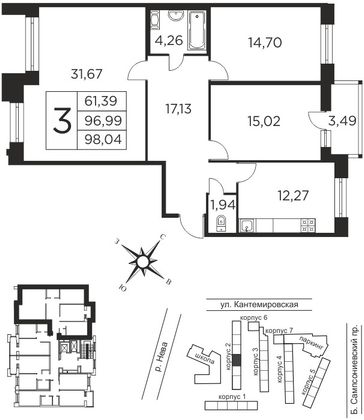 97 м², 3-комн. квартира, 5/12 этаж