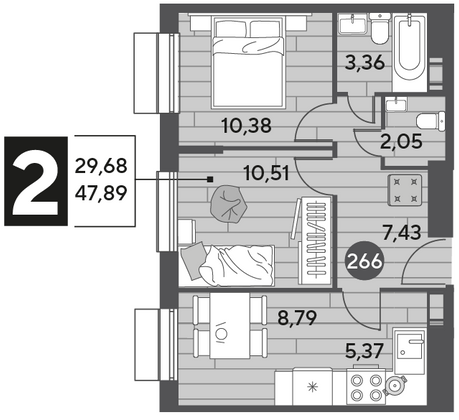 Продажа 2-комнатной квартиры 47,9 м², 12/12 этаж