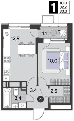 Продажа 1-комнатной квартиры 33,3 м², 13/21 этаж