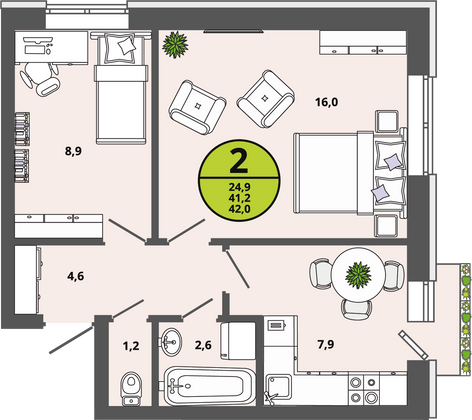 41,2 м², 2-комн. квартира, 2/3 этаж