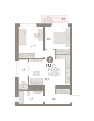 Продажа 2-комнатной квартиры 64,2 м², 9/13 этаж