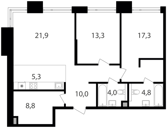 85,4 м², 2-комн. квартира, 2/25 этаж