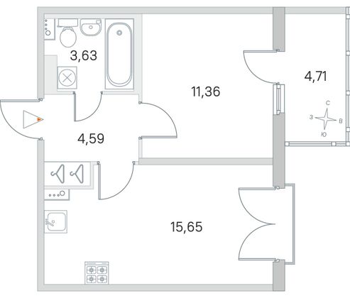 Продажа 1-комнатной квартиры 36,6 м², 4/4 этаж