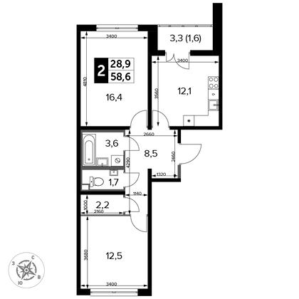 58,6 м², 2-комн. квартира, 3/24 этаж