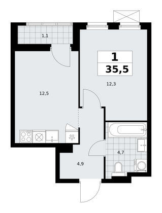 35,5 м², своб. планировка, 7/11 этаж