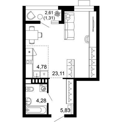39,3 м², 1-комн. квартира, 3/10 этаж