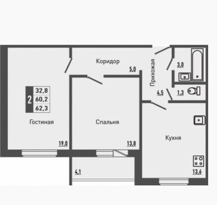 Продажа 2-комнатной квартиры 59,8 м², 3/16 этаж