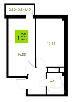 Продажа 1-комнатной квартиры 36,3 м², 5/8 этаж
