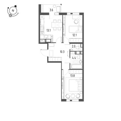 57,5 м², 2-комн. квартира, 8/12 этаж