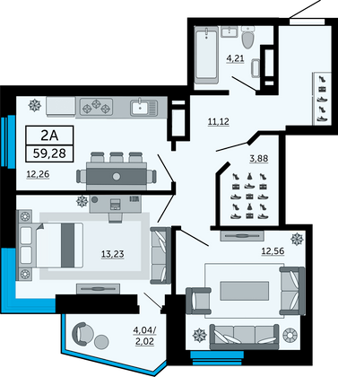 59,4 м², 2-комн. квартира, 2/33 этаж