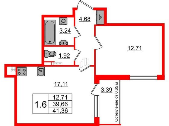 Продажа 1-комнатной квартиры 39,7 м², 3/4 этаж