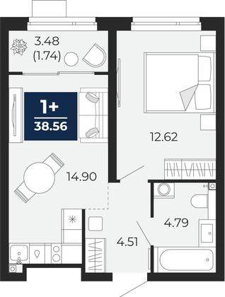 38,6 м², 1-комн. квартира, 2/22 этаж