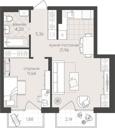 47,2 м², 1-комн. квартира, 4/4 этаж