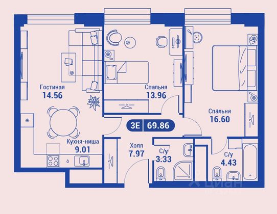 Продажа 3-комнатной квартиры 69,8 м², 21/35 этаж