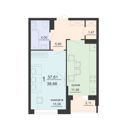 Продажа 1-комнатной квартиры 38,7 м², 10/20 этаж
