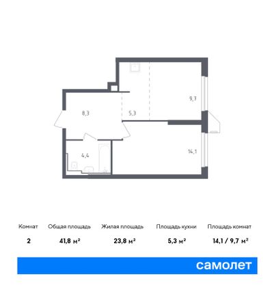 41,8 м², 2-комн. квартира, 2/30 этаж