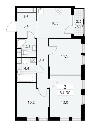 64,3 м², 3-комн. квартира, 21/30 этаж
