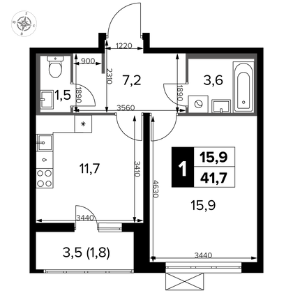 41,7 м², 1-комн. квартира, 20/24 этаж