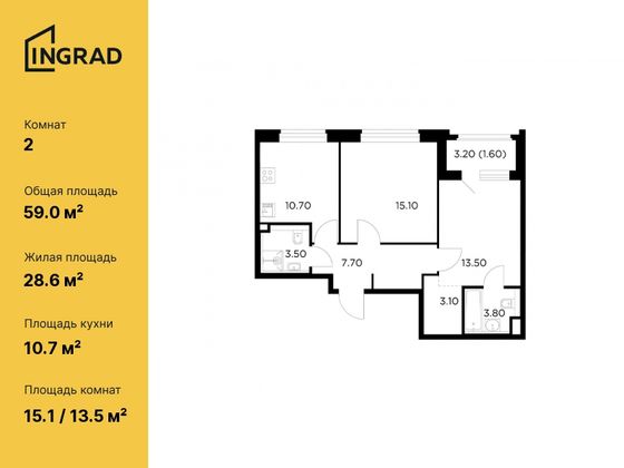 59 м², 2-комн. квартира, 10/17 этаж