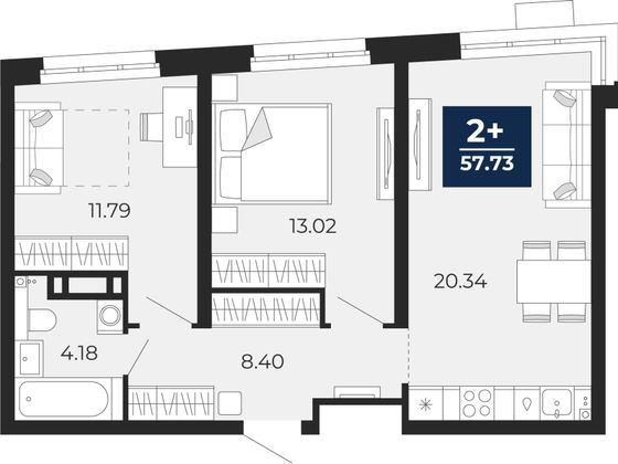 57,7 м², 2-комн. квартира, 13/15 этаж