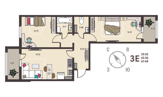 67,5 м², 2-комн. квартира, 2/18 этаж