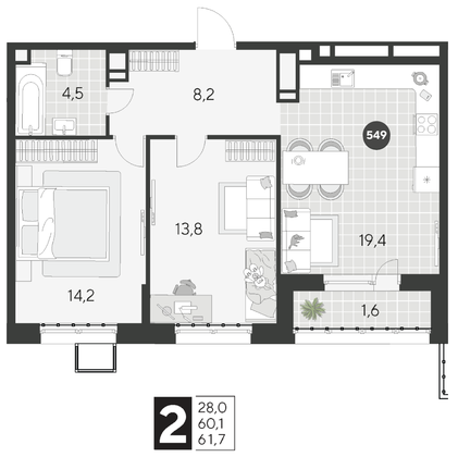 Продажа 2-комнатной квартиры 61,7 м², 14/21 этаж