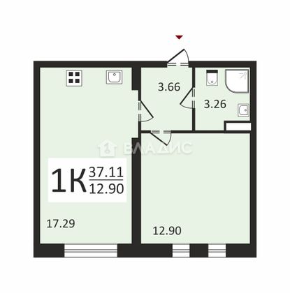 Продажа 1-комнатной квартиры 37,1 м², 2/4 этаж