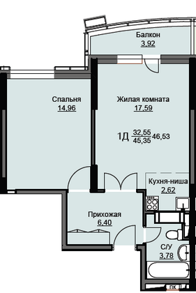 Продажа 1-комнатной квартиры 46,5 м², 14/17 этаж