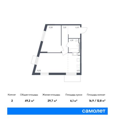 49,2 м², 1-комн. квартира, 6/8 этаж