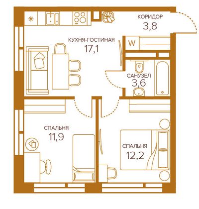48,5 м², 2-комн. квартира, 2/13 этаж