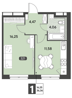 Продажа 1-комнатной квартиры 36,4 м², 18/25 этаж