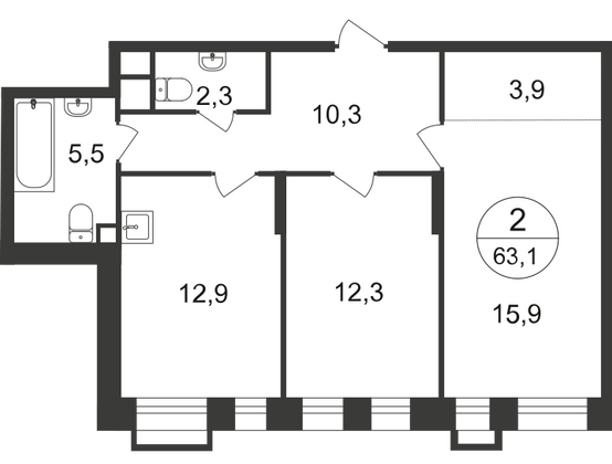 Продажа 2-комнатной квартиры 63,1 м², 2/20 этаж