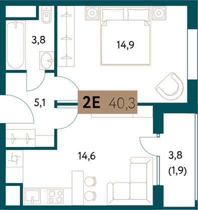 40,4 м², 2-комн. квартира, 7/15 этаж