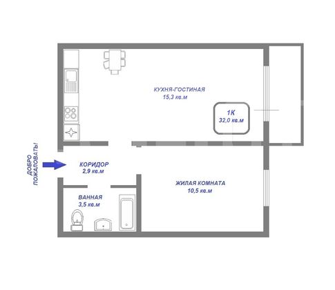 Продажа 1-комнатной квартиры 32 м², 3/25 этаж