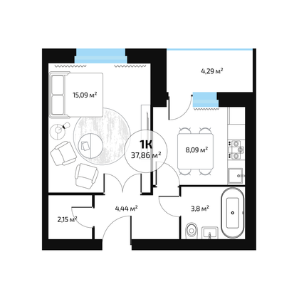 Продажа 1-комнатной квартиры 37,9 м², 2/10 этаж