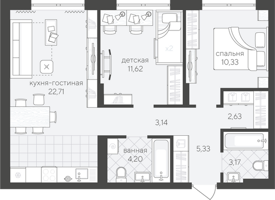 63,1 м², 2-комн. квартира, 3/4 этаж