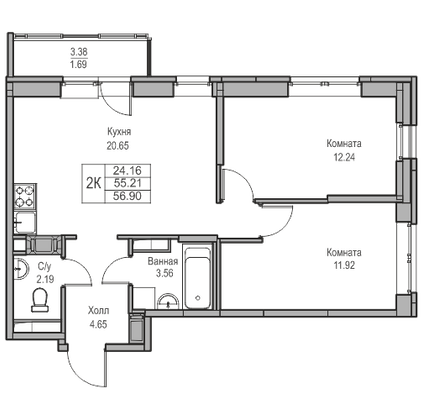 Продажа 2-комнатной квартиры 55,2 м², 18/23 этаж