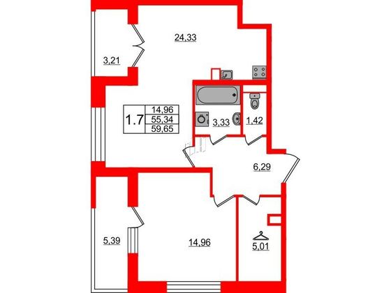 Продажа 1-комнатной квартиры 55,3 м², 1/15 этаж