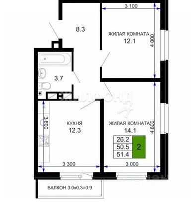 Продажа 2-комнатной квартиры 51,4 м², 6/16 этаж