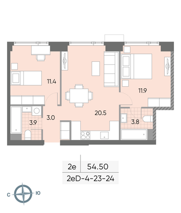 Продажа 2-комнатной квартиры 54,5 м², 23/52 этаж