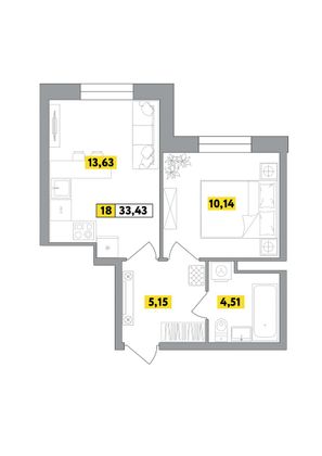 Продажа 2-комнатной квартиры 33,4 м², 1 этаж