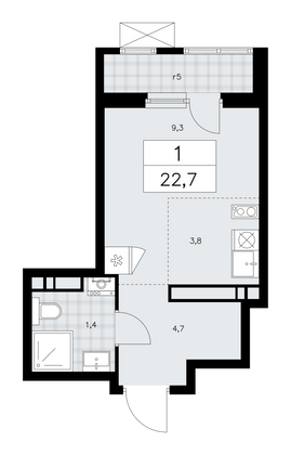 22,7 м², своб. планировка, 15/16 этаж