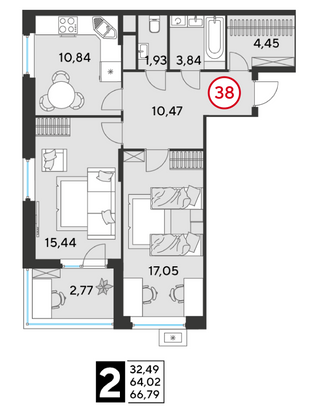 Продажа 2-комнатной квартиры 66,8 м², 4/25 этаж