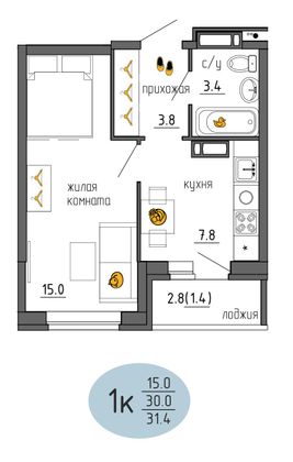 31,4 м², 1-комн. квартира, 14/25 этаж