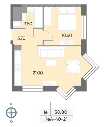 Продажа 1-комнатной квартиры 38,8 м², 21/30 этаж