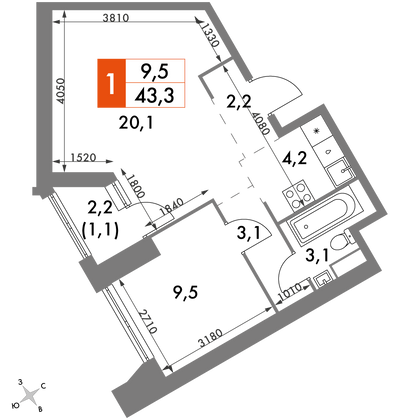 43,3 м², 1-комн. квартира, 40/47 этаж